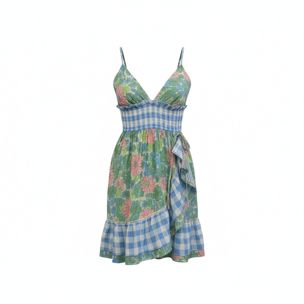 ASOS Design Mixed Floral Gingham Ruffle Mini Dress Green Blue NWT Small